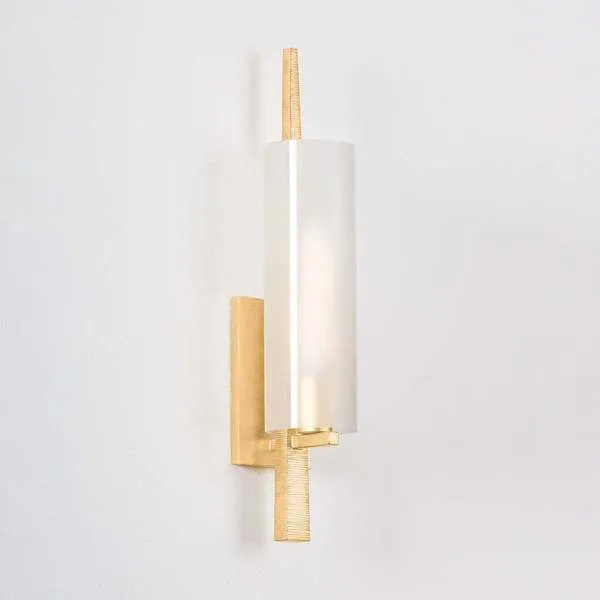 Vineland Wall Sconce with vintage gold leaf textured rod piercing cylindrical frosted cloud glass shade