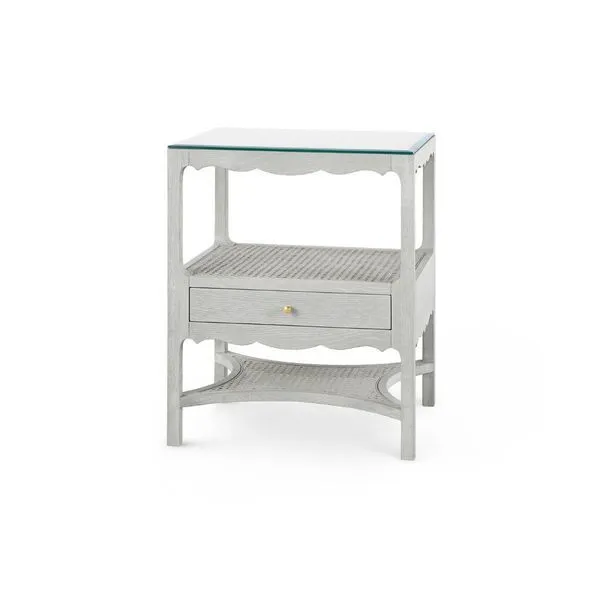 White lacquered 1-drawer side table with glass top, scalloped edges, and two cane shelves
