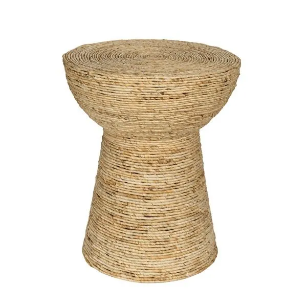 Natural accent table with hourglass shape handwoven from sustainable corn rope in light beige tones