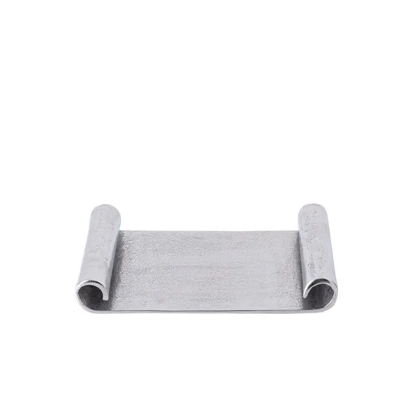 Brushed aluminium scroll tray with raw nickel finish, rectangular with rolled sides and metallic sheen