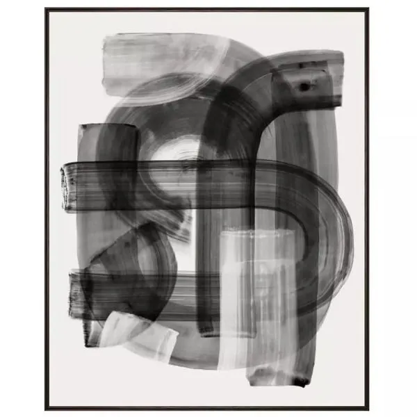 Abstract painting with overlapping bold black and gray brush strokes on 38x30 canvas in black frame