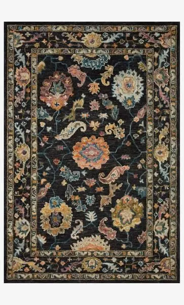 Padma Black / Multi Rug with bold floral motifs on a black background and a multi-colored border, thick wool pile
