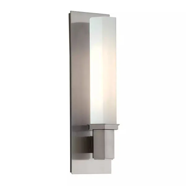 Walton 1 Light Bath Bracket with brushed nickel rectangular backplate and white cylindrical glass shade