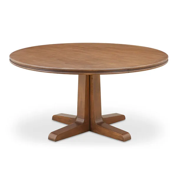 Round Charles dining table with solid pine base and double bullnose edge tabletop in warm wood finish.