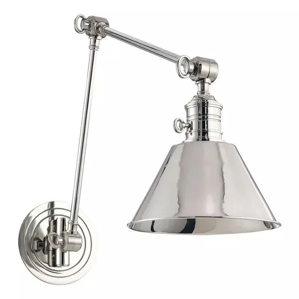 Garden City 1 Light Wall Sconce with adjustable arm and polished metal cone shade