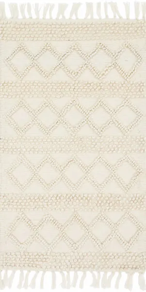 Ivory entry rug with textured geometric diamond patterns and tasseled edges, 2x3 size, neutral tone