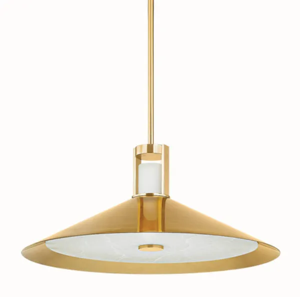 Clermont Pendant lit with light illuminating alabaster diffuser and brass cone, front view on white background