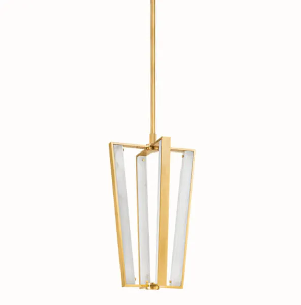 Edgemere Pendant isolated on white background showing full length with brass canopy and rod