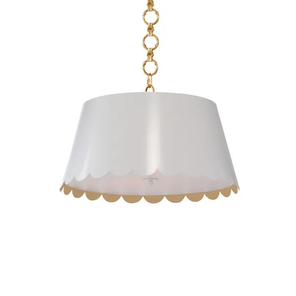 White scalloped pendant light with gold interior shade and white chain suspension