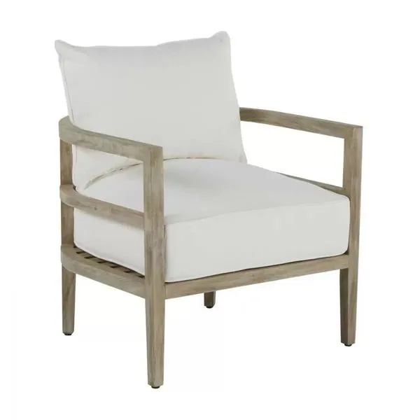 Santa Barbara Teak Lounge outdoor accent chair with grayish natural teak frame and white cushions