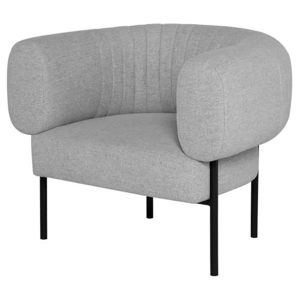 Oversized Reina Accent Chair with rounded curved frame, gray upholstery, and slim black metal legs