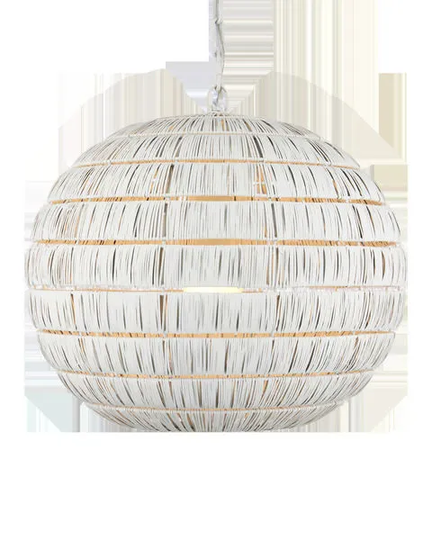 Spherical white pendant light with thin metal strips wrapped around evenly spaced rings
