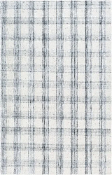 handwoven geometric rug with a black and white plaid pattern made from recycled PET yarn