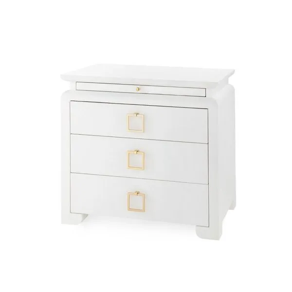 White Elina 3-drawer side table with hand-wrapped lacquered linen finish and square gold drawer pulls