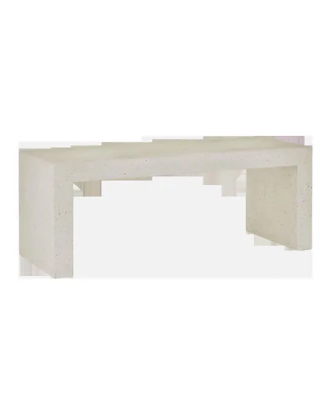 Rectangular outdoor bench in ivory terrazzo concrete with clean lines and solid block legs