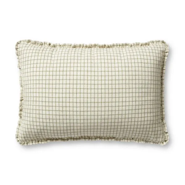 elongated ivory throw pillow with moss green subtle grid pattern and short ruffled edges