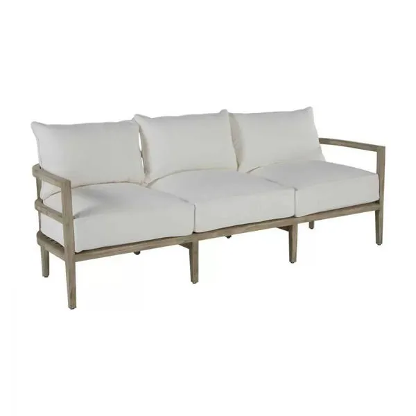 Santa Barbara Teak Sofa with three white cushions and natural teak wood frame featuring open sides and slatted base