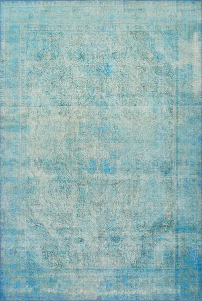 Loren Aqua Rug with vintage hand-knotted style, soft aqua blue tones, and detailed faded floral patterns