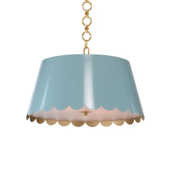 Blue Mirasol Pendant with scalloped edges and gold interior, hanging from a gold chain