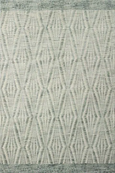 Keniz Ivory Sage Rug with tonal geometric diamond pattern in woven texture and sage green border