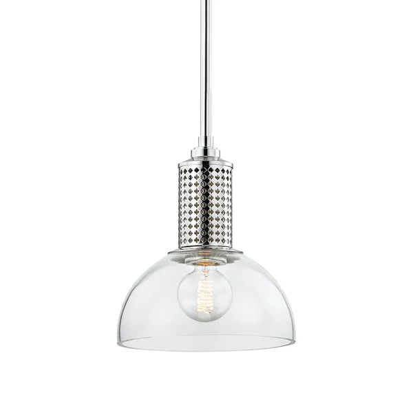 Halcyon pendant light with clear glass dome shade, metal fitter with diamond perforation, suspended from a polished rod