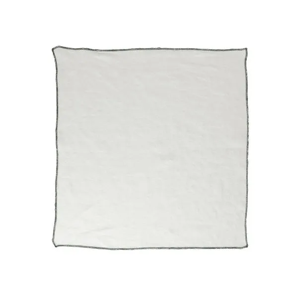 Square white linen napkin with subtle green edged border, hand woven fabric