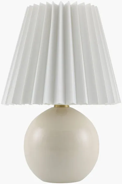 Ferez accent table lamp with round beige ceramic base and white pleated linen shade