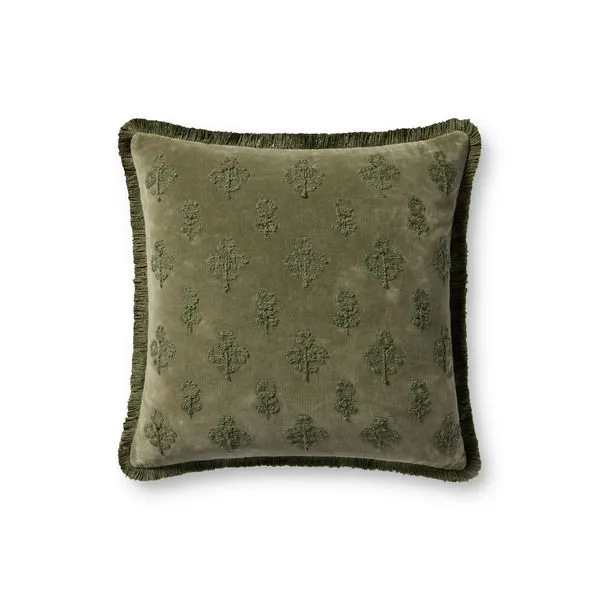 Deep olive green square throw pillow with embroidered floral motifs and fringed edges in soft cotton fabric
