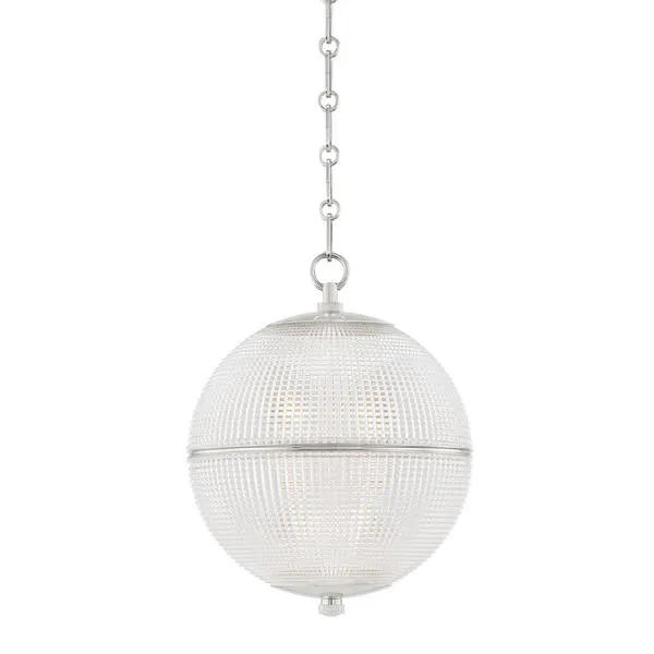 Small spherical pendant light with clear textured glass and polished metal chain suspension