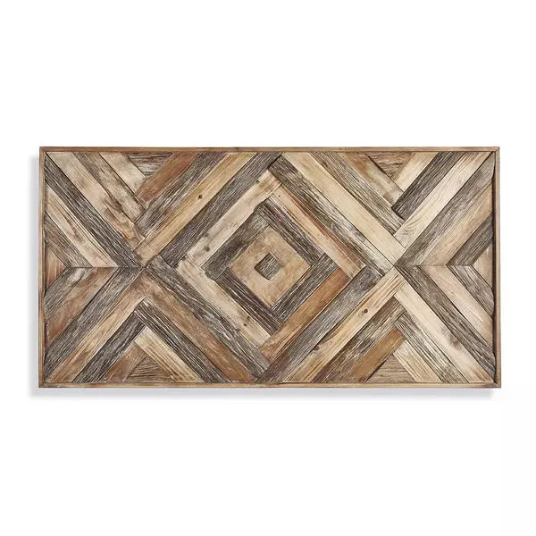 Rectangular wall art made from salvaged wood with a geometric pattern of varying natural wood tones and a clean slatted de...