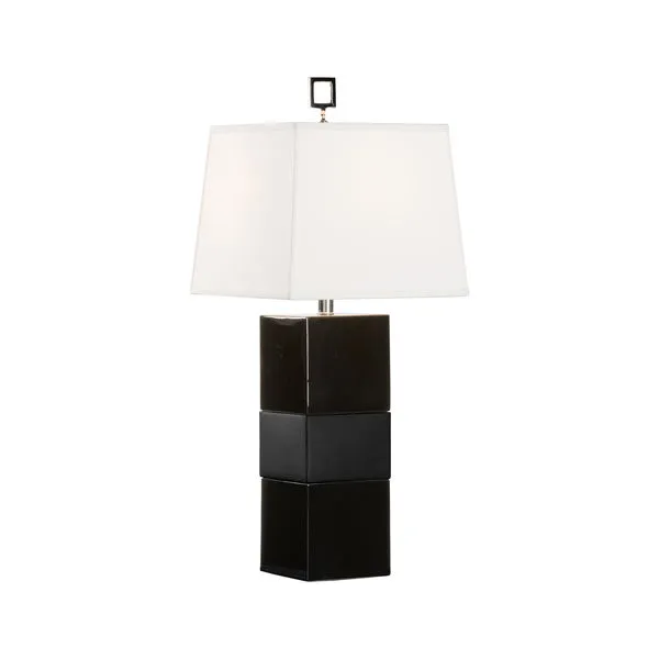 Banded Lamp with stacked rectangular base in alternating gloss and matte black bands topped by a white tapered square shade