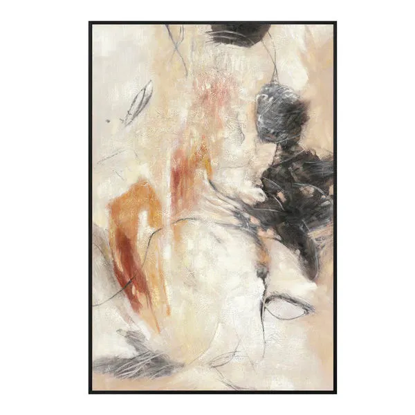 Abstract Rogue framed painting with warm multicolor strokes of red, black, and beige in a sleek black frame