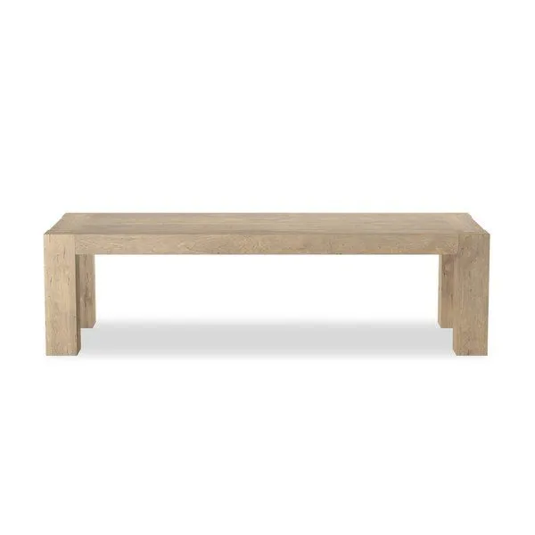 Abaso Dining Table in thick-cut oak veneer with faux rustic wormwood oak finish, chunky squared legs, dovetail joinery