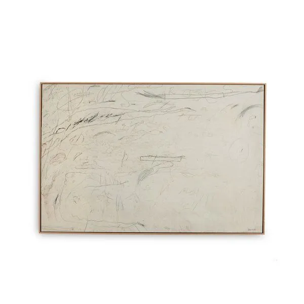 Abstract expressionist painting with light background and faint, sketchy black and brown mark making within thin wooden frame