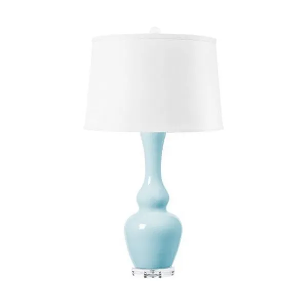 Ansonia Lamp with thin double-gourd ceramic base glazed in glossy light blue, clear acrylic base, white fabric shade