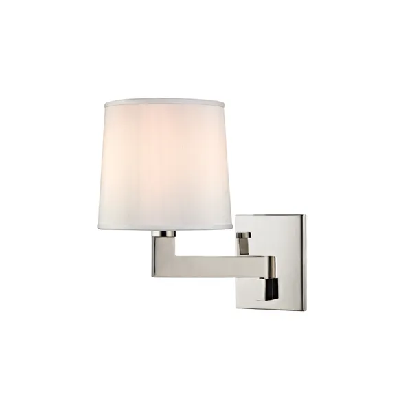 Fairport 1 Light Wall Sconce with polished metal swing-arm and white fabric shade featuring subtle inner pleats