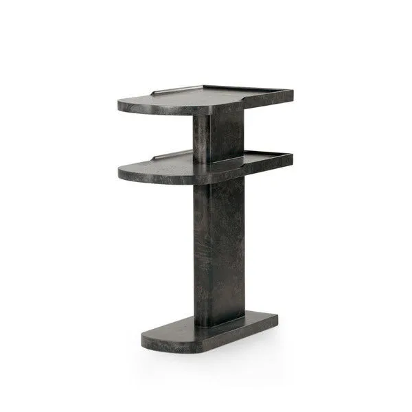 Casey Side Table in dark stained burl wood with two half-circle tiered shelves and rectangular base