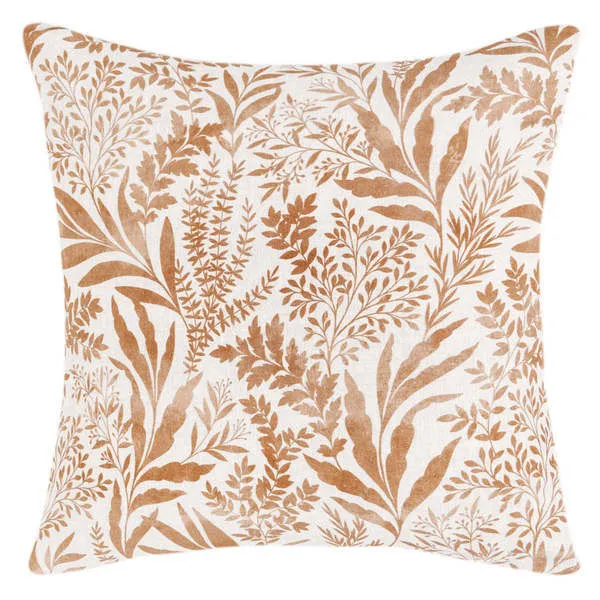 Square Mulberry Belgian Linen Throw Pillow with hand-painted brown foliage on natural linen fabric