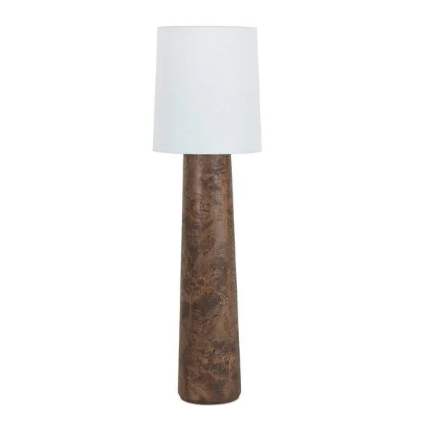 Tall floor lamp with burl wood base in tapered cylindrical shape and white fabric drum shade