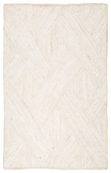 Rectangular ivory natural jute area rug with distinctive diagonal weave pattern, handwoven texture