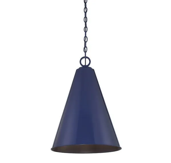Navy blue cone-shaped pendant light with interlocking circle chain and opaque shade