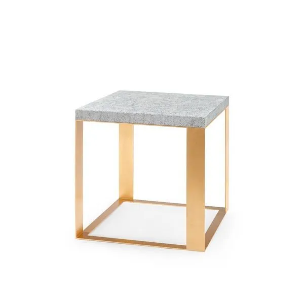 Square side table with gray lacquer eggshell top and gold leaf iron open frame base