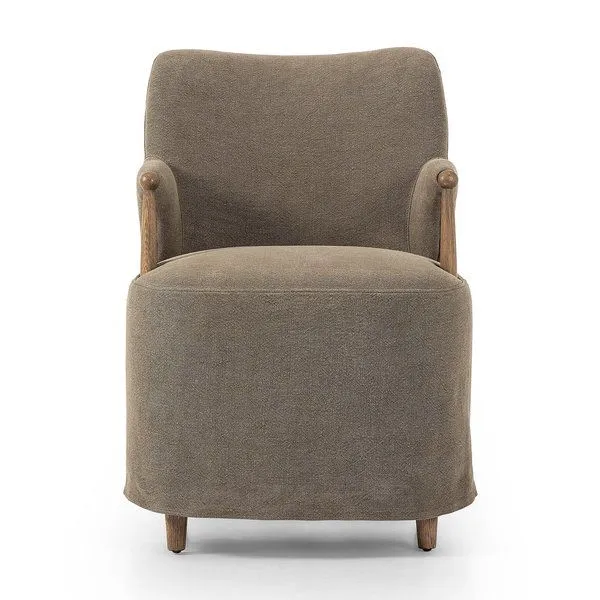 Brently Dining Chair with flax linen slipcover, distressed oak arms, skirted base, and padded S-spring seat