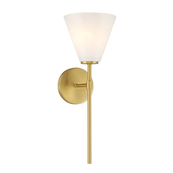 Wall sconce in warm brass with swirling strie glass shade, 17.5 inches tall and 6.25 inches wide
