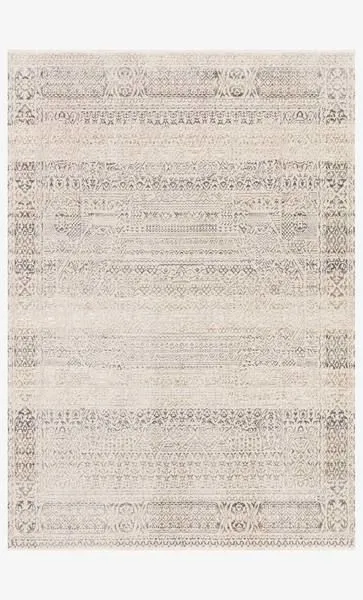 full view of rectangular Homage Ivory Silver rug with neutral distressed traditional patterns
