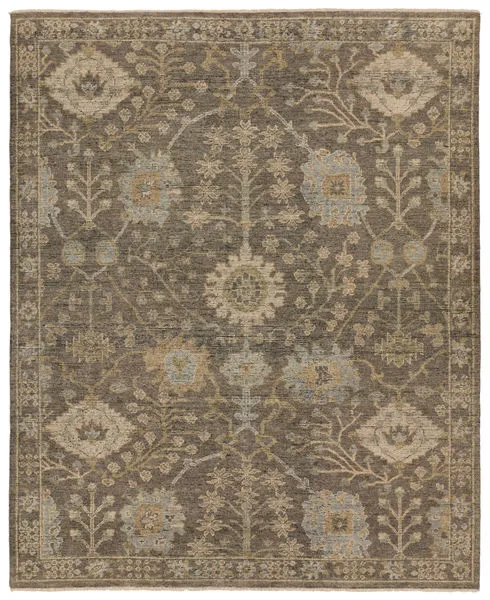 Traditional gray and cream hand-knotted rug with floral Oushak motifs and decorative border, 9 by 12 feet