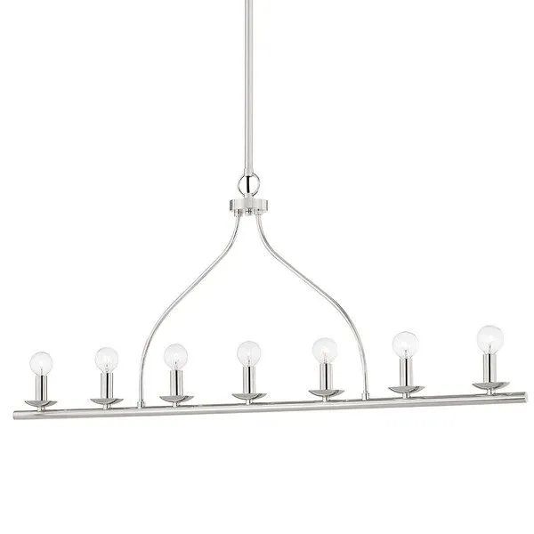 Kendra 7 Light Island Light with linear steel frame and seven evenly spaced clear bulbs on short cylindrical holders