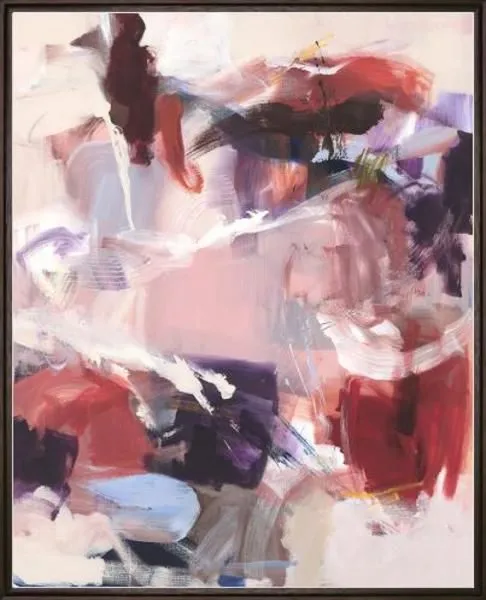 Abstract painting with brushstrokes in shades of pink, white, red, purple, and black in a simple black frame