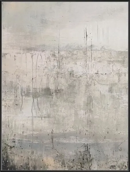Abstract painting with muted light grays and beige tones, textured layers suggesting a calm dusk landscape with vertical s...
