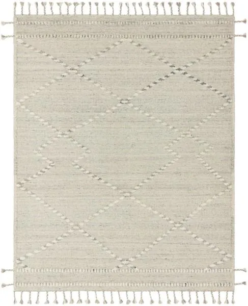 Ivory and light grey hand-knotted Moroccan style rug with linear and braided diamond pattern and fringed edges